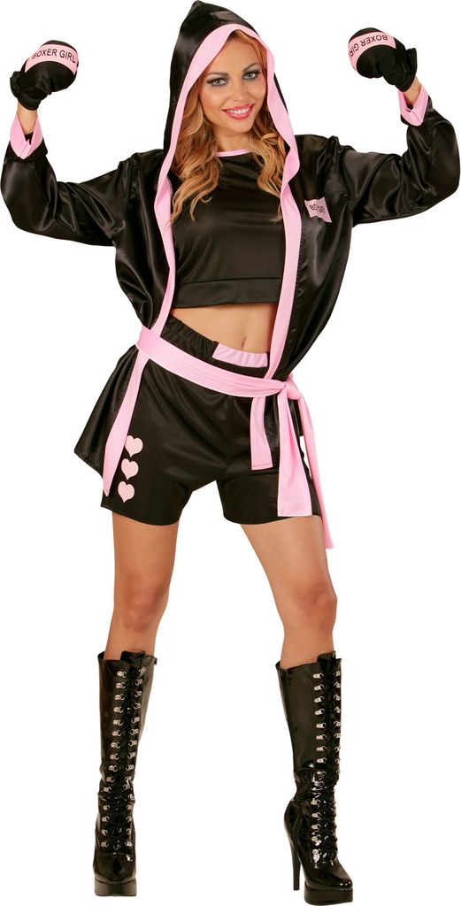 A woman posing in a boxer costume.