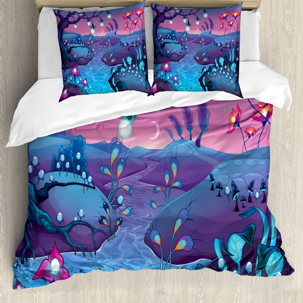 ABAKUHAUS Pilz Bettbezug, Fluss Pilze Bäume, Milbensicher Allergiker geeignet mit Kissenbezügen, 155 cm x 220 cm - 80 x 80 cm, blau Fuchsia