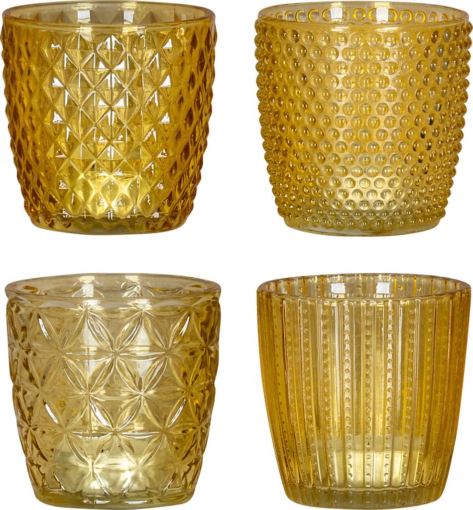 4er Set Windlicht H7,5cm Glas Gelb Teelichthalter Tischdeko Kerzen Retro Deko