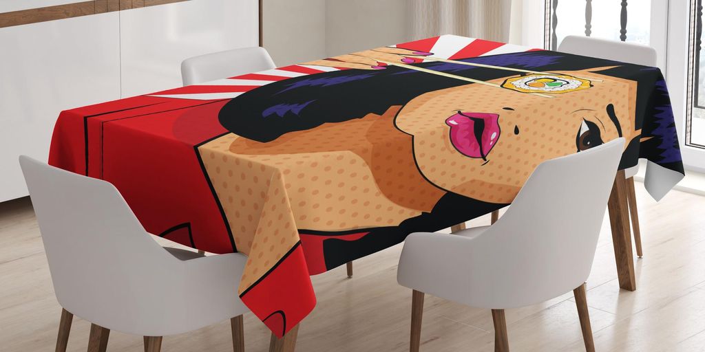 ABAKUHAUS Sushi Tischdecke, Pop-Art-Art punktierte Porträt eines asiatischen Mädchens, das eine Sushi-Rolle mit Essstäbchen hält, 140 x 200 cm,...