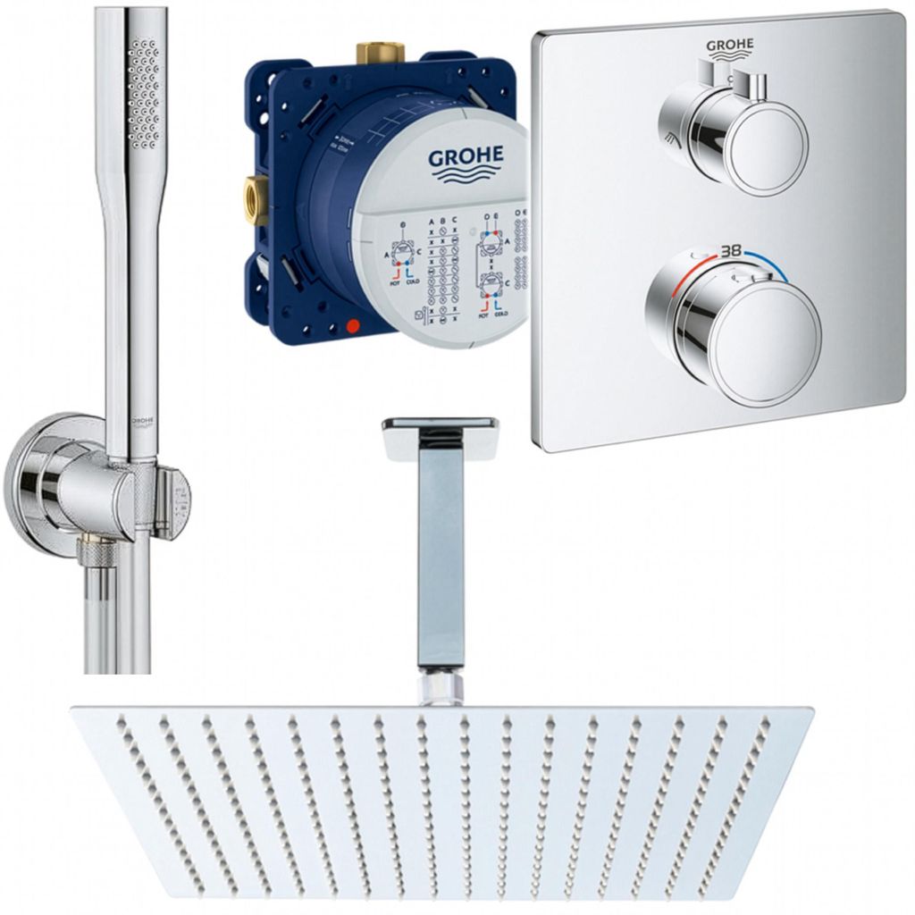Grohe und Jowi Unterputz Duschsystem, mit Grohtherm Thermostat, 360x360mm Kopfbrause, Deckenanschluss