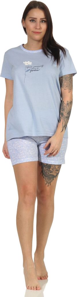 Damen Shorty Schlafanzug Pyjama kurzarm mit tollen Blümchen Design - 66635 ; blau , 44