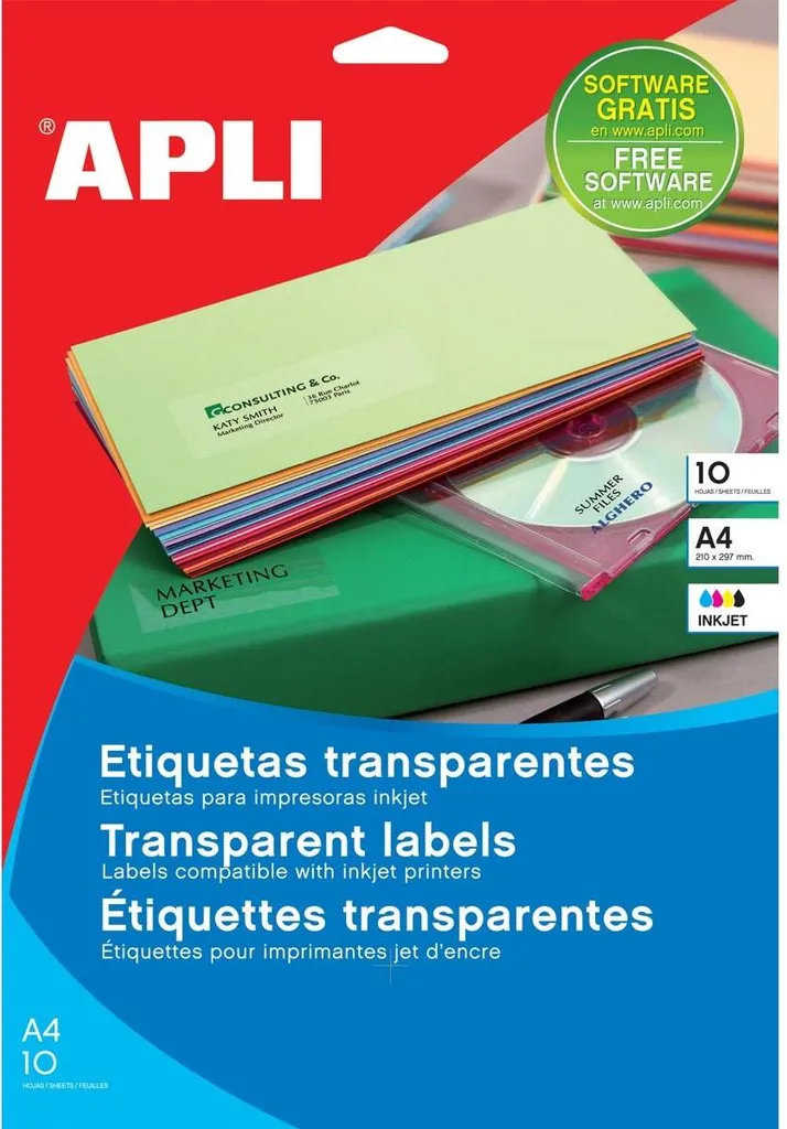 Étiquettes Adhésives Transparentes Jet d'Encre Format A4 Apli 10pcs