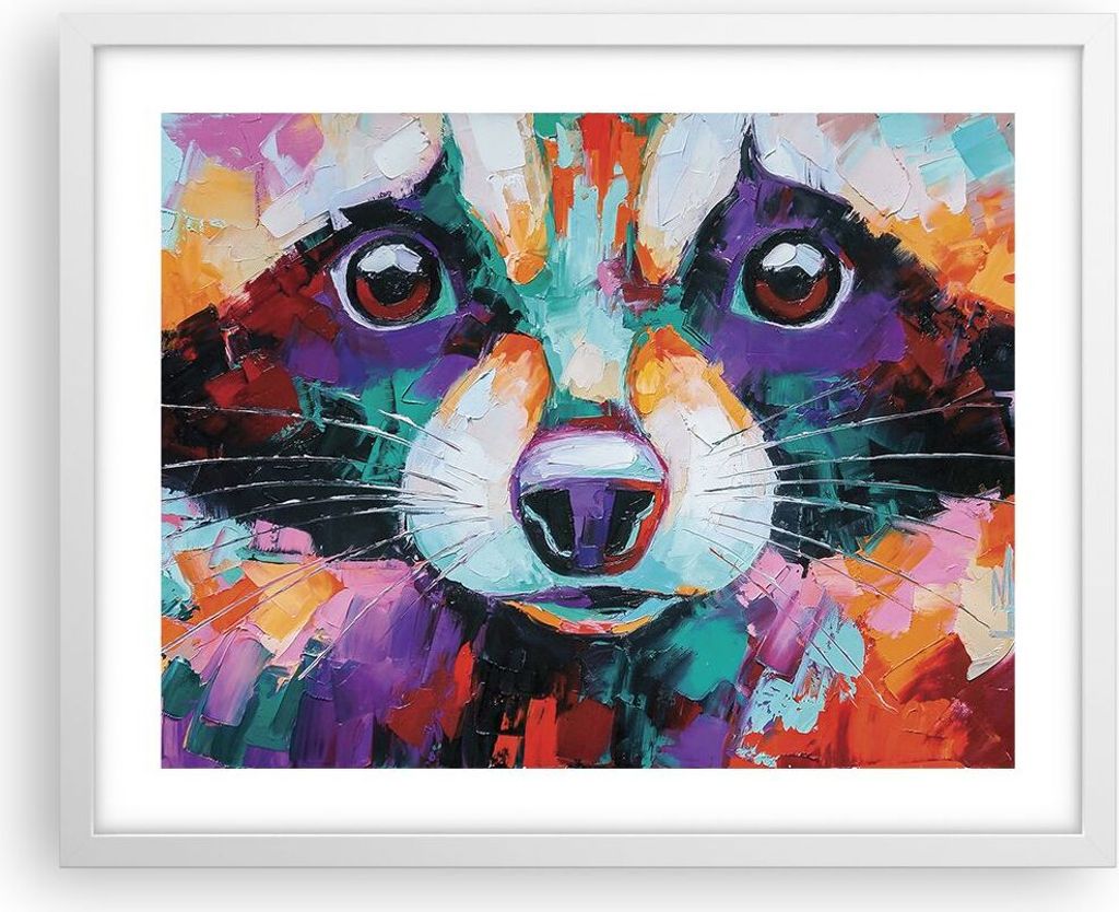 Gerahmtes Poster - Weißer Rahmen - Waschbär Bunt Öl - 50x40 cm - Wand Bild - Wanddeko - Wandbilder - Kunstposter - Wandposter - Bilderrahmen - B...