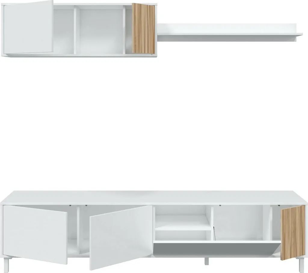 Grand Banc TV Blanc 200 cm Banari - Buffet Bas Salon 6 Compartiments