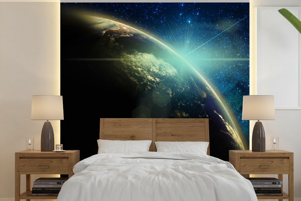 MuchoWow Fototapete für Wohnzimmer oder Schlafzimmer Wandtapete Vinyl Motivtapete Erde - Milchstraße - Sterne - 220x220 cm - Tapeten