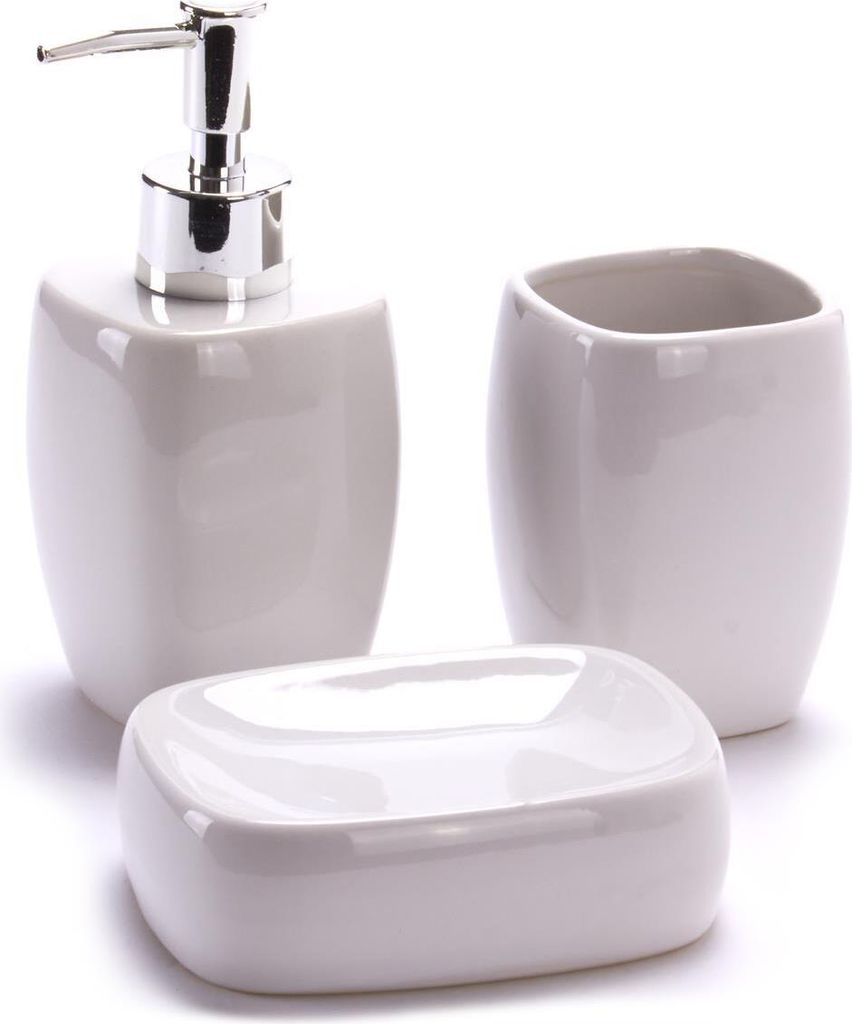 MSV Bad Accessoires Classic 3-teilig - Seifenspender, Seifenschale, Zahnputzbecher Weiß