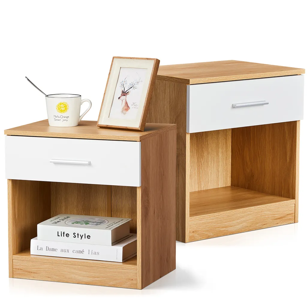 Table de Chevet Scandinave en Bois Chêne et Blanc avec Tiroir - 2PCS