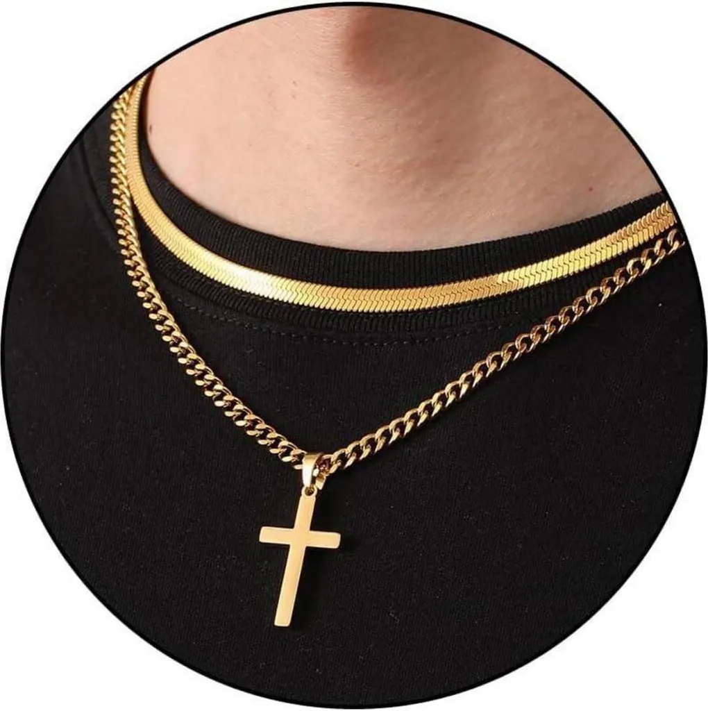 Chaîne cubaine homme avec croix acier inoxydable noir et or massif