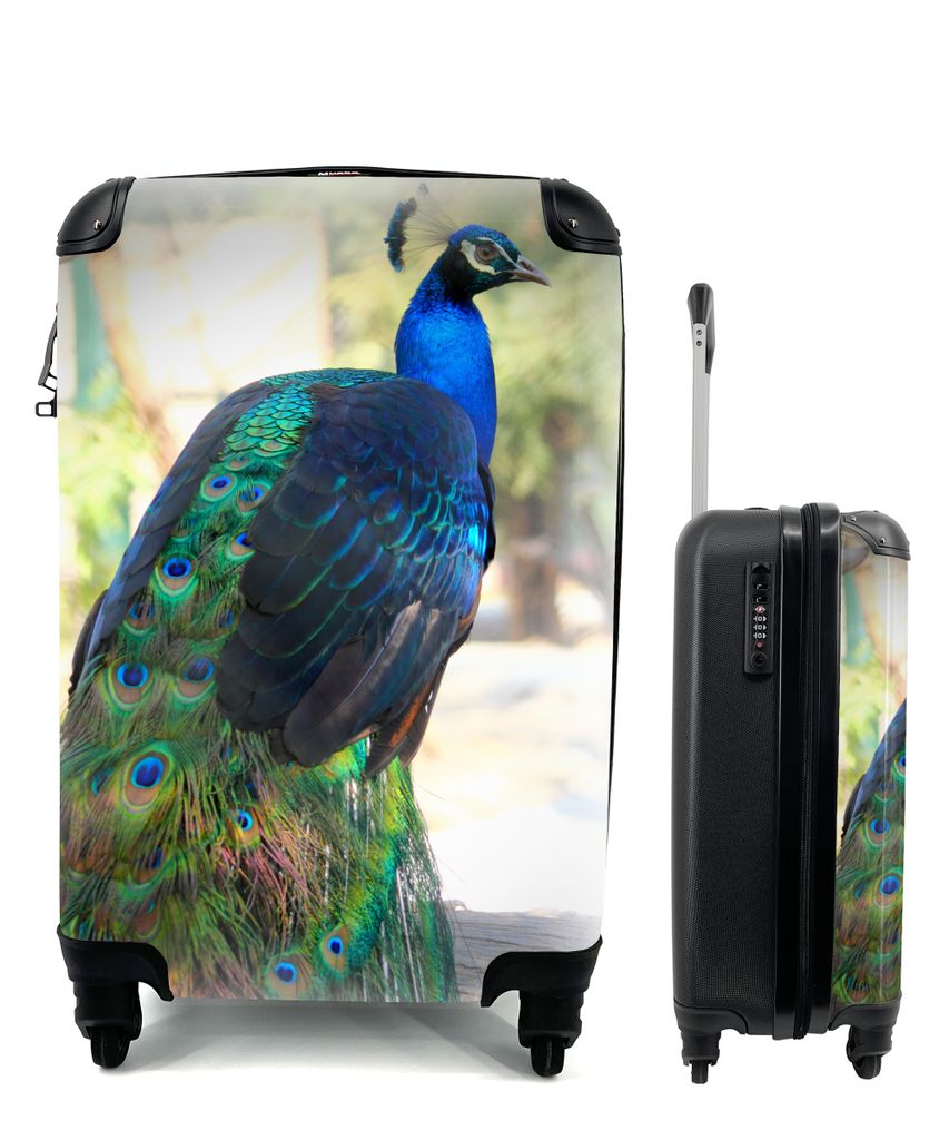 MuchoWow Koffer Handgepäck Trolley Rollkoffer Kleine Reisekoffer mit 4 Rollen - Tiere - Pfau - Federn - Cabin Size < 55x40x23 cm & 55x40x20 cm -...