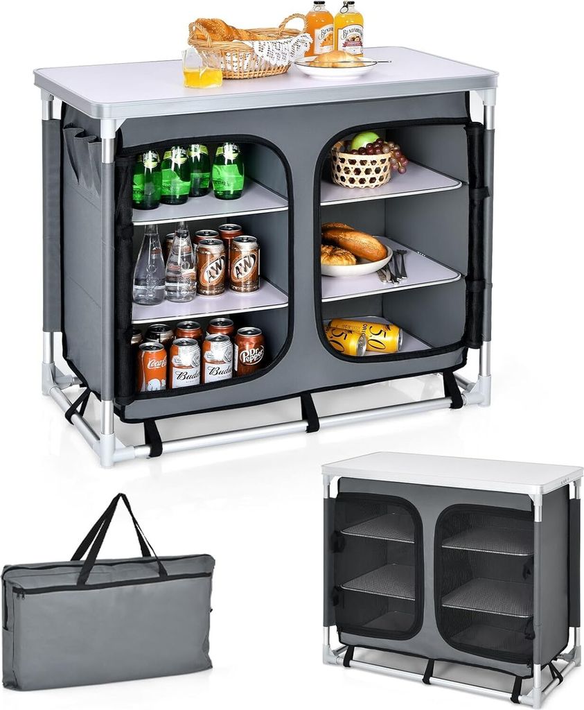 KOMFOTTEU Campingschrank klappbar, Campingküche mit 4 Ebenen, Picknicktisch mit Netztüren & Reißverschluss & Tragetasche, Klapptisch für Pickni...