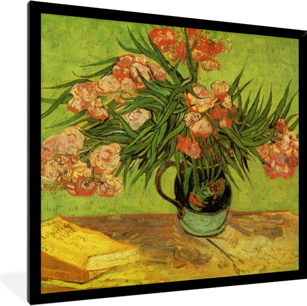 MuchoWow Gerahmtes Poster Stillleben Vase mit Oleander und Büchern - Gemälde von Vincent van Gogh 40x40 cm - Poster mit Schwarzem Bilderrahmen ...