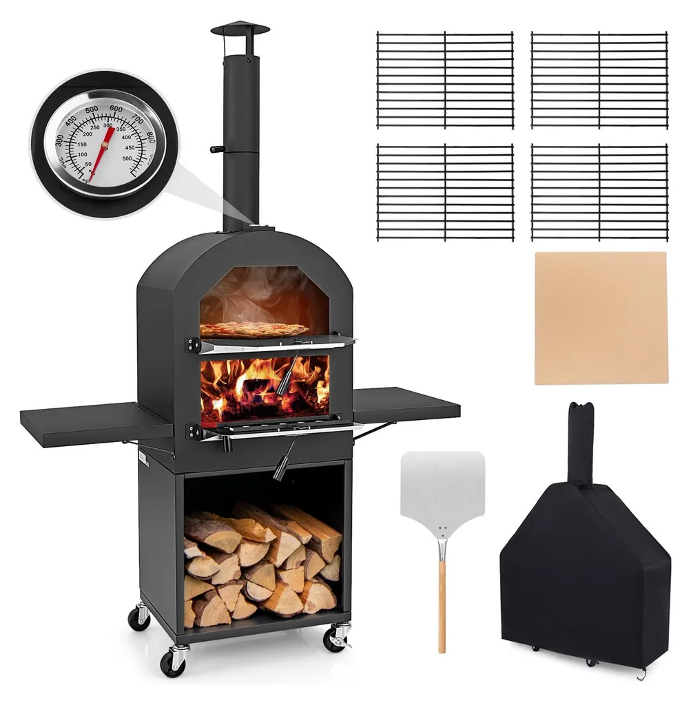 Four à pizza COSTWAY extérieur au bois avec pierre 30,5cm et roulettes