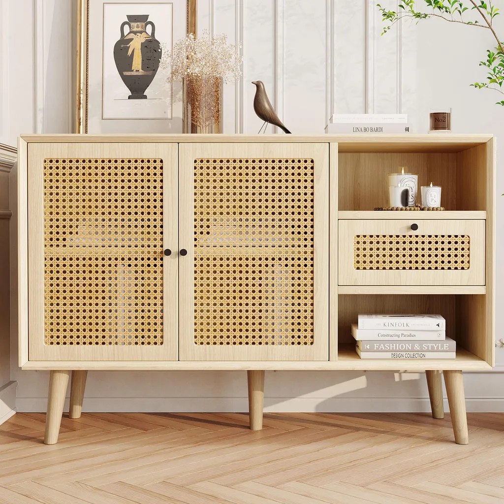 Commode de Salon avec Portes en Rotin, Buffet Bas 120cm Style Bohème - 4