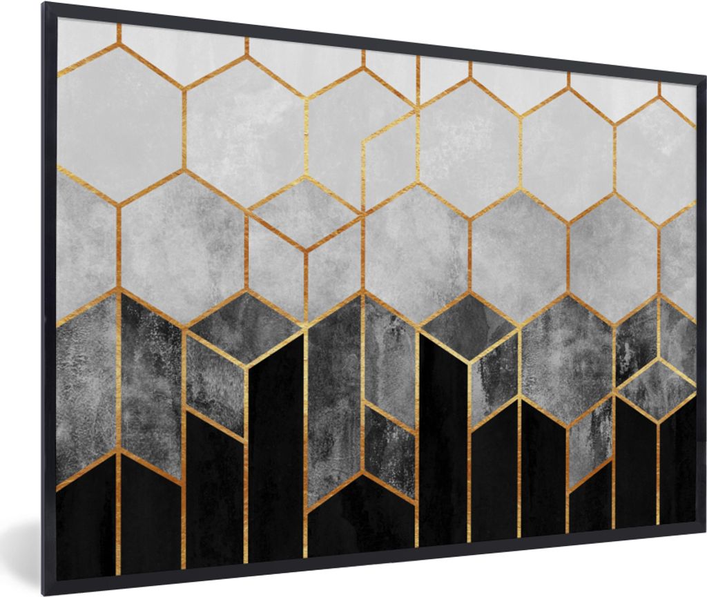 MuchoWow Gerahmtes Poster Gold - Sechseck - Chic - Muster - Luxus 60x40 cm - Poster mit Schwarzem Bilderrahmen Wandposter Rahmen Foto Bilder - Pr...