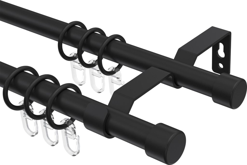 Interdeco Gardinenstange / Vorhangstange Schwarz, Typ Olymp Lucan (Kappe), 16 mm Ø 2-läufig, 160 cm