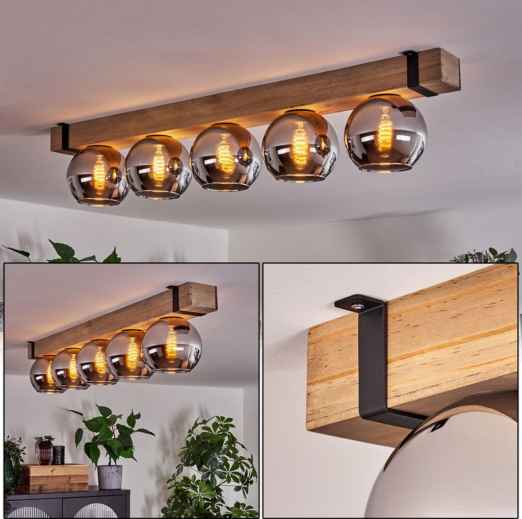 Bollengo Deckenlampe aus Metall/Holz/Glas in Schwarz/Natur/Chromfarben