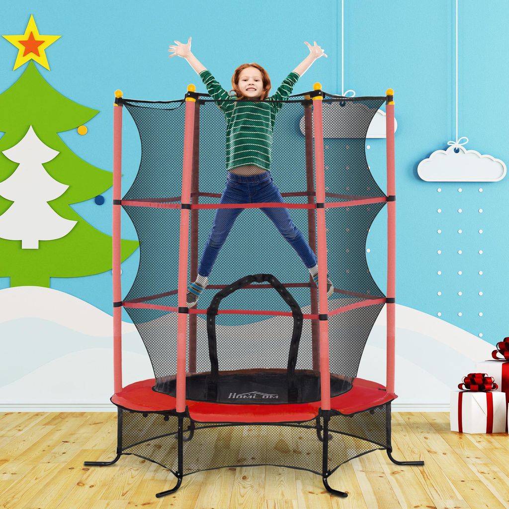 Kindertrampolin mit Sicherheitsnetz, Ø163 cm, federlos, gepolsterter Rand, Stahl, Rot | 163x163x190 cm | bis 50 kg | Reißverschluss-Einstieg