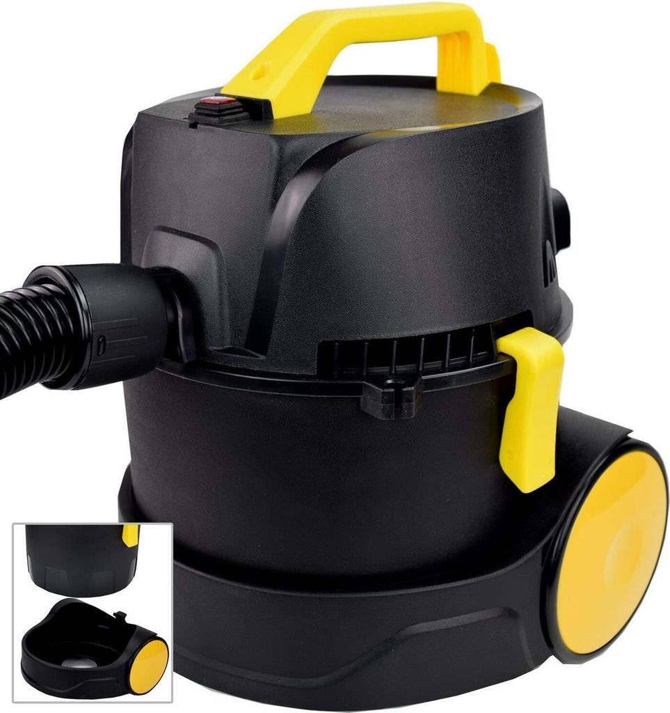 A black and yellow wet and dry vacuum cleaner is shown against a white background.