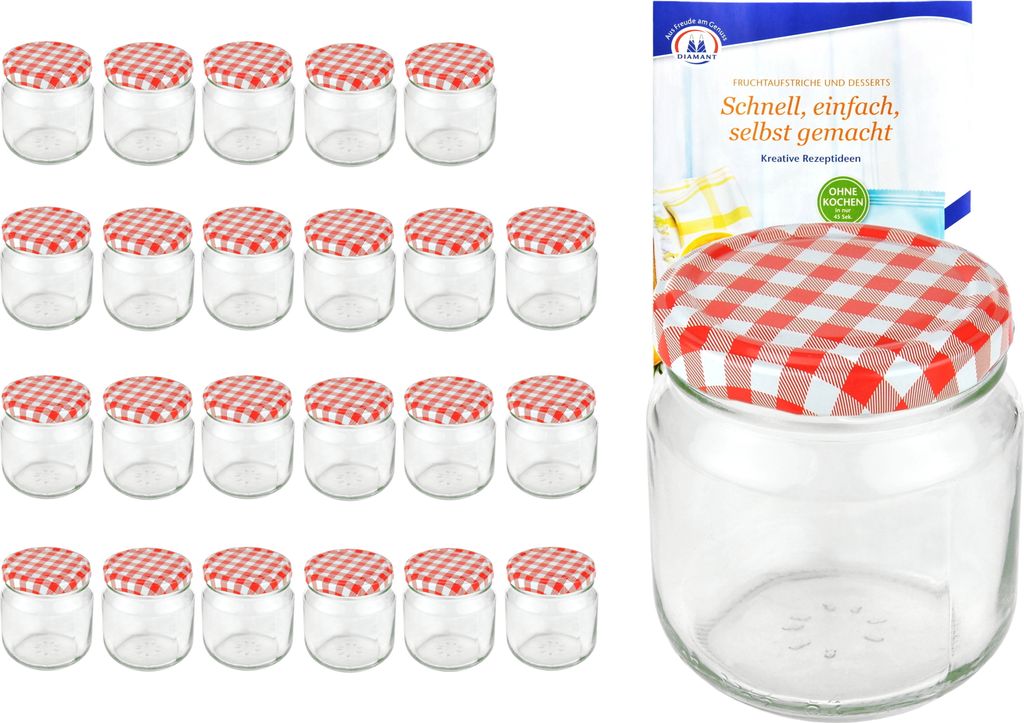 24er Set Rundglas 212 ml nieder To 66 rot karierter Deckel Sturzgläser Gläser incl. Rezeptheft