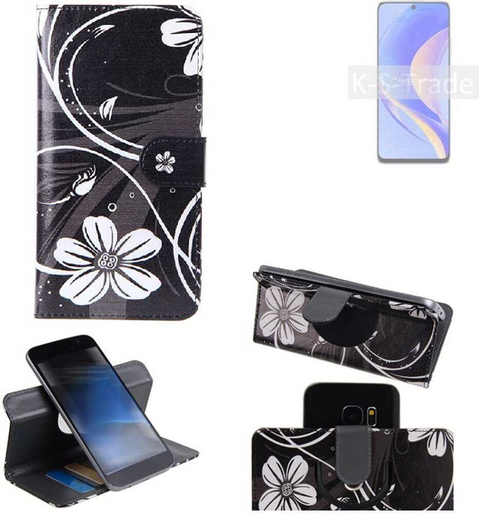 K-S-Trade Schutzhülle Handyhülle kompatibel mit Huawei Enjoy 50 Pro Hülle 360° Wallet Case ''Flowers'' Klapphülle Hülle schwarz-weiß 1x
