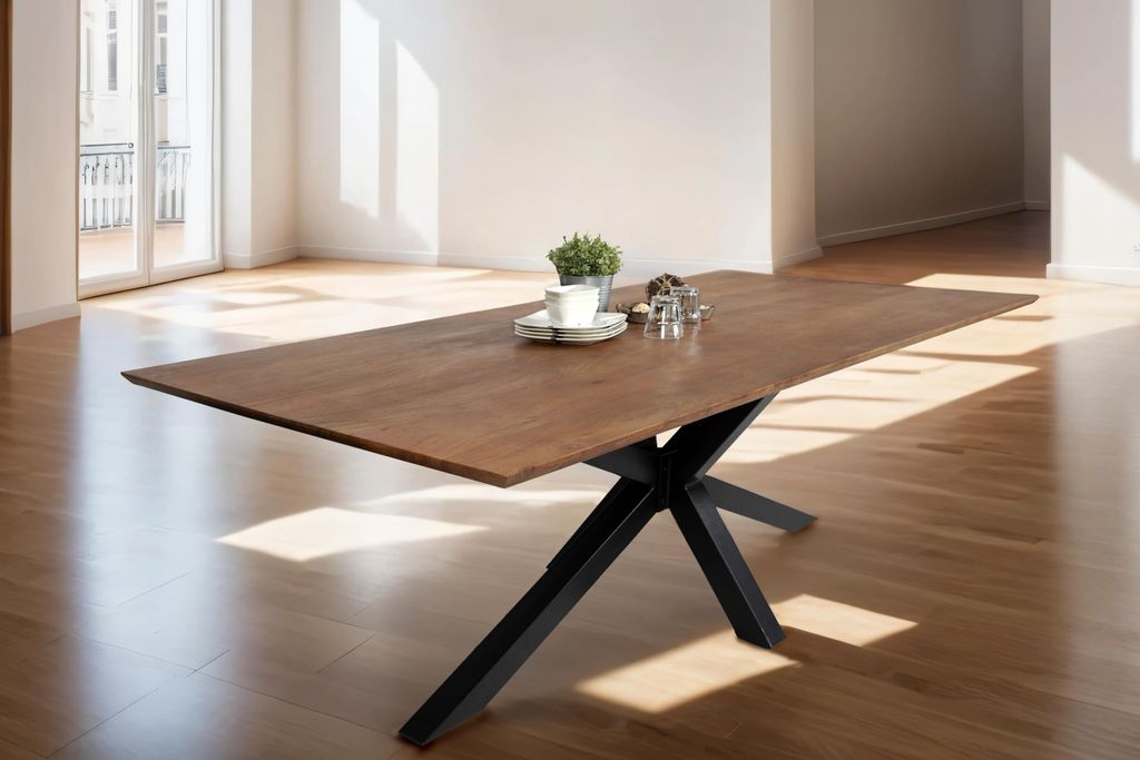 Esstisch 220x100 cm Abby, Akazienholz massiv + nussbaumfarben, Esszimmertisch mit Schweizer Kante, Spider-Metallgestell Schwarz, massiver Holztisch...