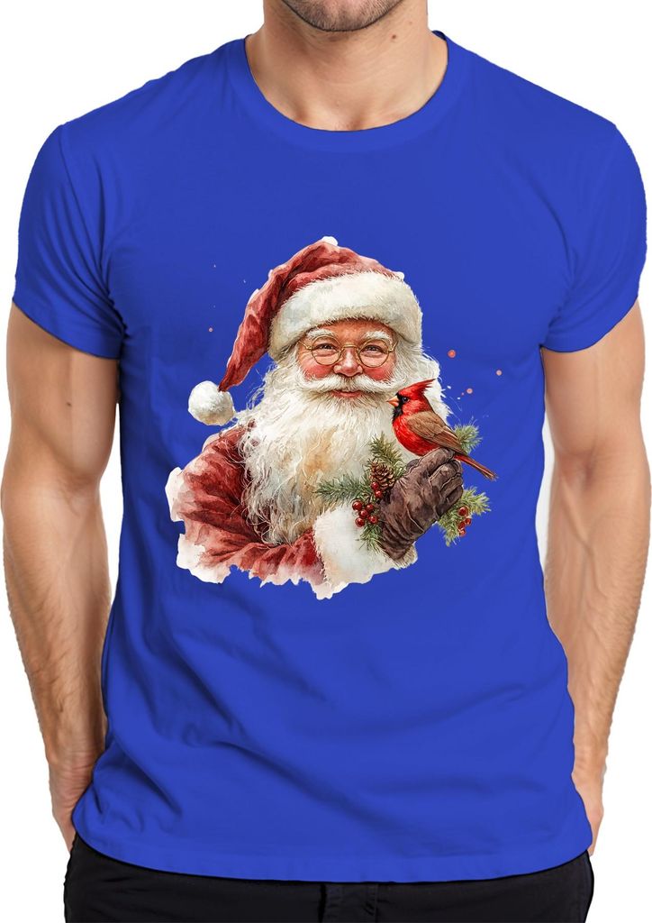 Weihnachtsmann mit Kardinalvogel Tannenzweig Aquarell Vintage Herren T-Shirt, Blau, M