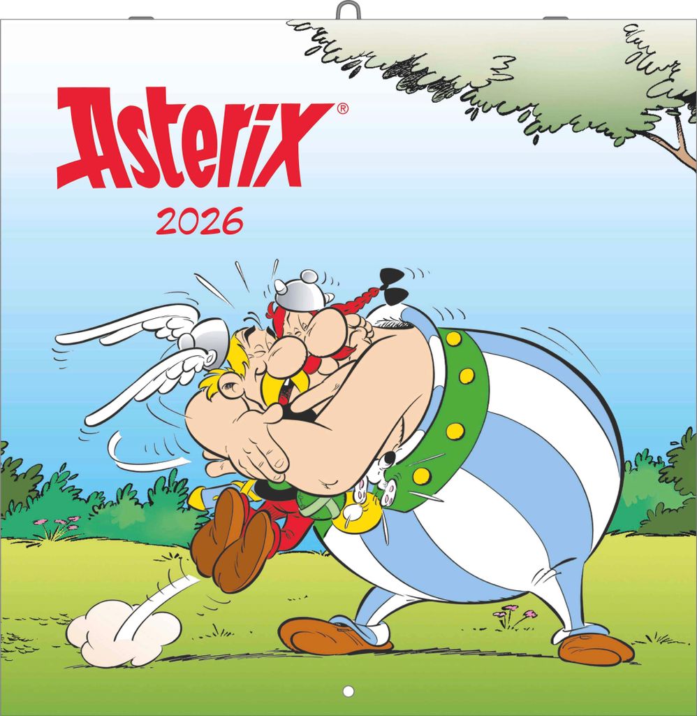 Two cartoon characters, Asterix and Obelix, are depicted in a playful embrace against a light blue sky and green grassy background.
