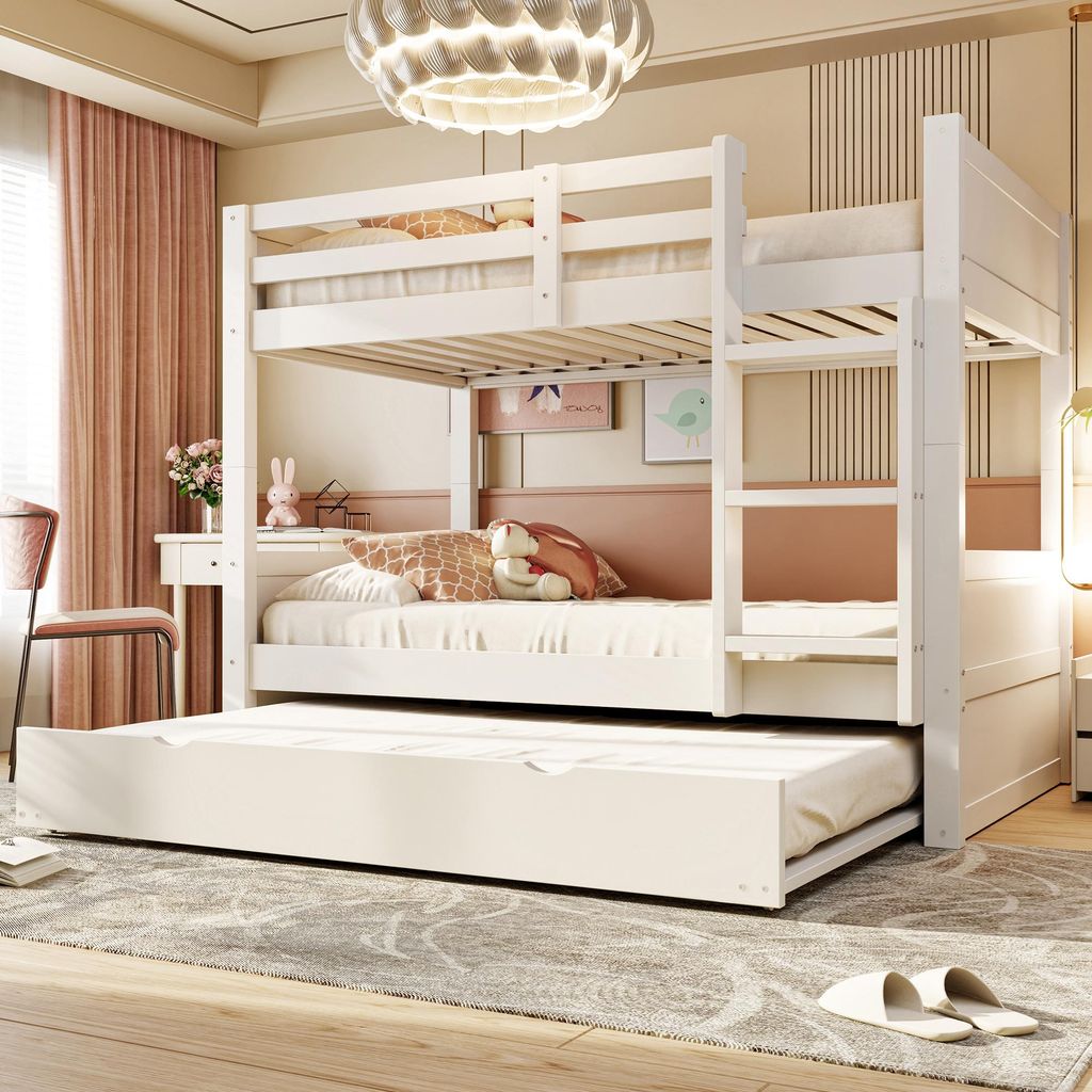 MODFU Jugendbett 90 x 200 mit Ausziehbett,Gerade Leiter und Sicherheitsgeländer,3-in-1 Etagenbett,Kinderbett mit Lattenrost und eine Matratze,Weiß