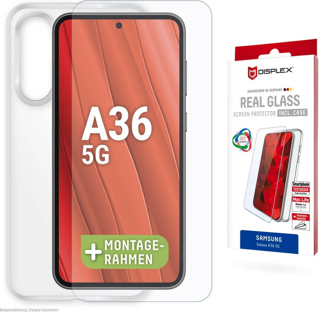 Displex Panzerglas + Schutzhülle für Samsung Galaxy A36, Eco-Montagerahmen, kratzer-resistent, Samsung, Galaxy A36, Trockene Anwendung, Schmutzab...