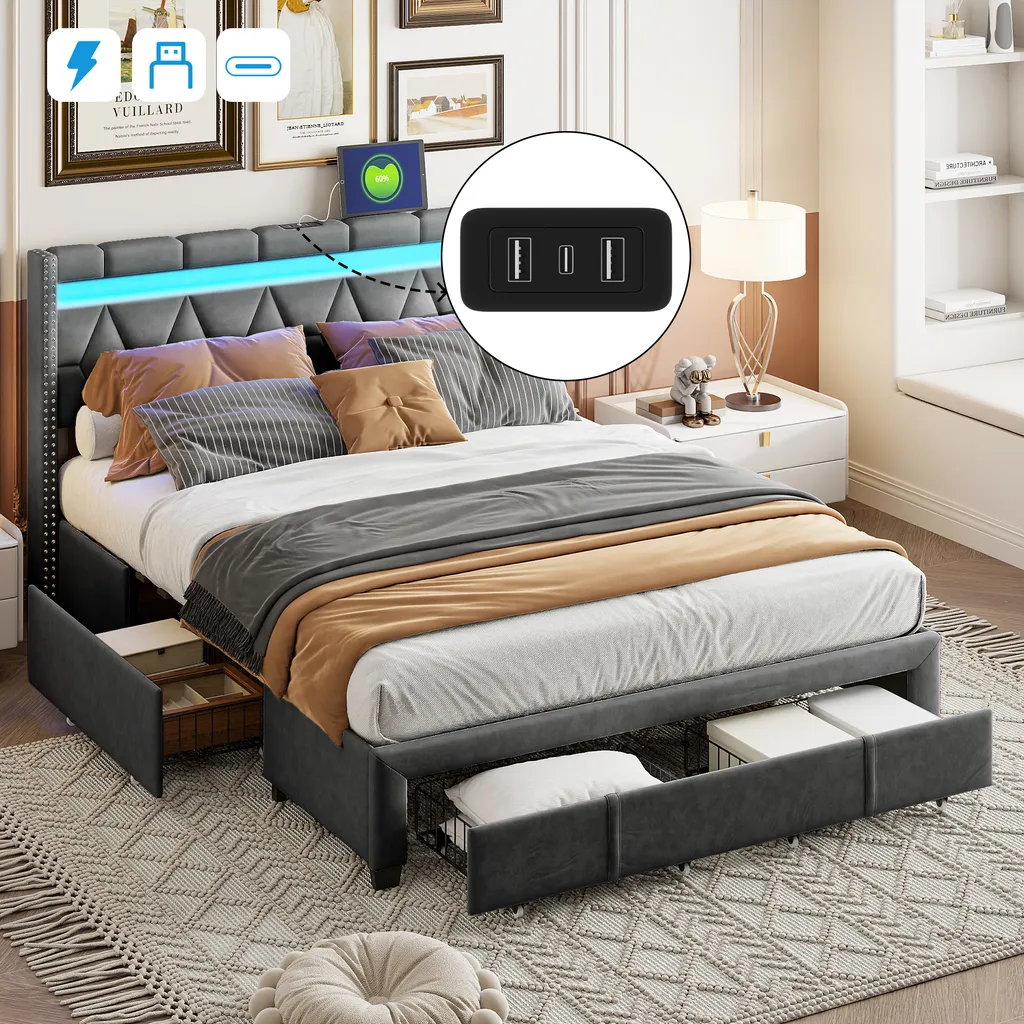 Lit 160x200 cm : Solution gain de place avec 4 tiroirs et LED intégrées - 4