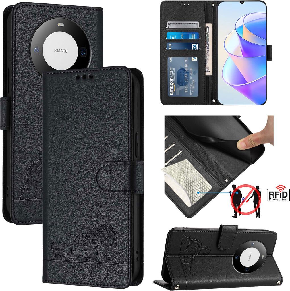 Leder Hülle für Huawei Mate 60 Pro/Mate 60 Pro+ Süße Katze Flip Case Brieftasche Schutzhülle mit Standfunktion Schwarz
