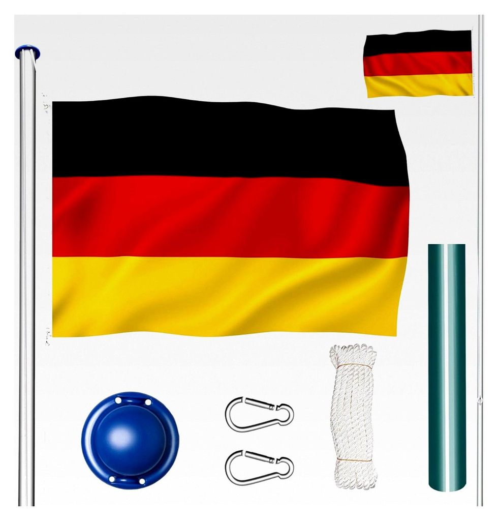 Aluminium Fahnenmast, Teleskop Fahnenstange Set mit Flagge, Bodenhülsen, Seilzug, höhenverstellbar bis zu 6,50 m - geeignet für Balkon, Garten, ...