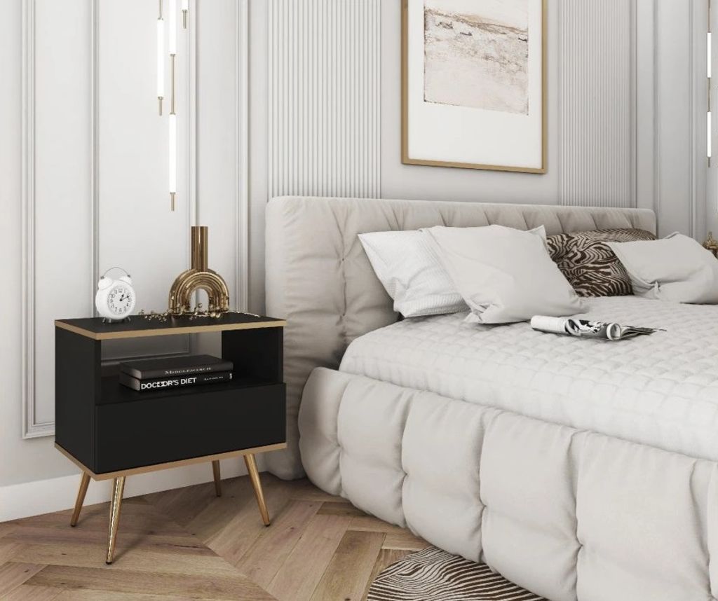 JENY Nachttisch - schwarz / gold / goldene Beine