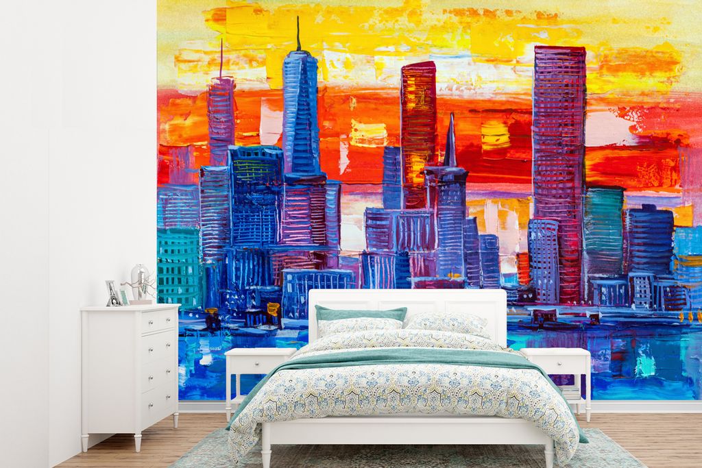 MuchoWow Fototapete für Wohnzimmer oder Schlafzimmer Wandtapete Vinyl Motivtapete New York - Panorama - Abstrakt - 385x280 cm - Wallpaper