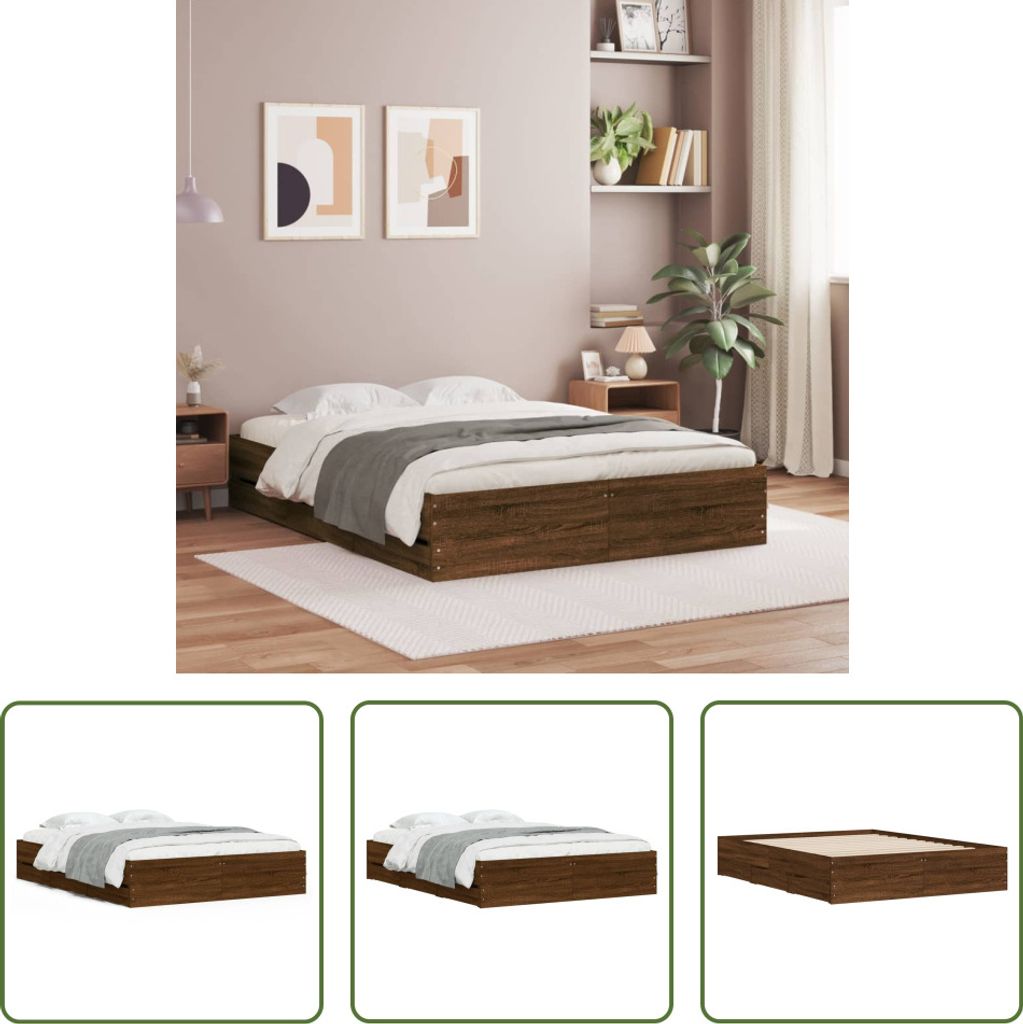 The Living Store Bettgestell mit Schubladen Braun Eichen-Optik 150x200 cm