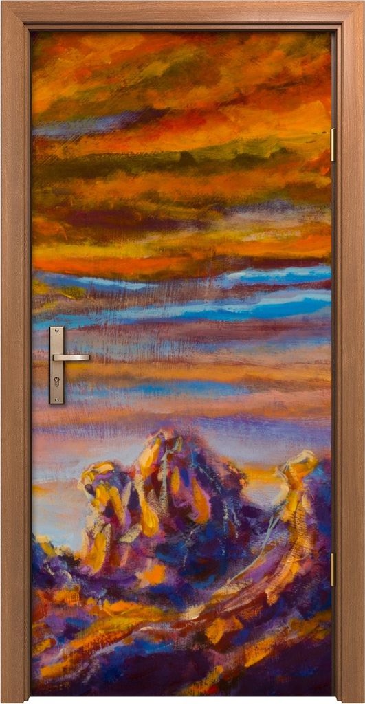Türposter 90x200 cm Türaufkleber Türtapete Türfolie Klebefolie Gelb orange Wolken über Bergen Malerei