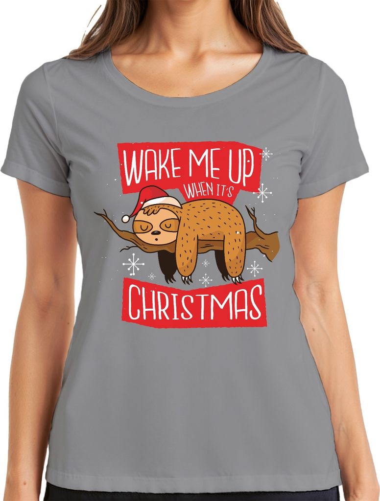 Wake me up when it's christmas Faultier - Weihnachten Weihnachtsgeschenk Christmas Damen T-Shirt, Grau, L