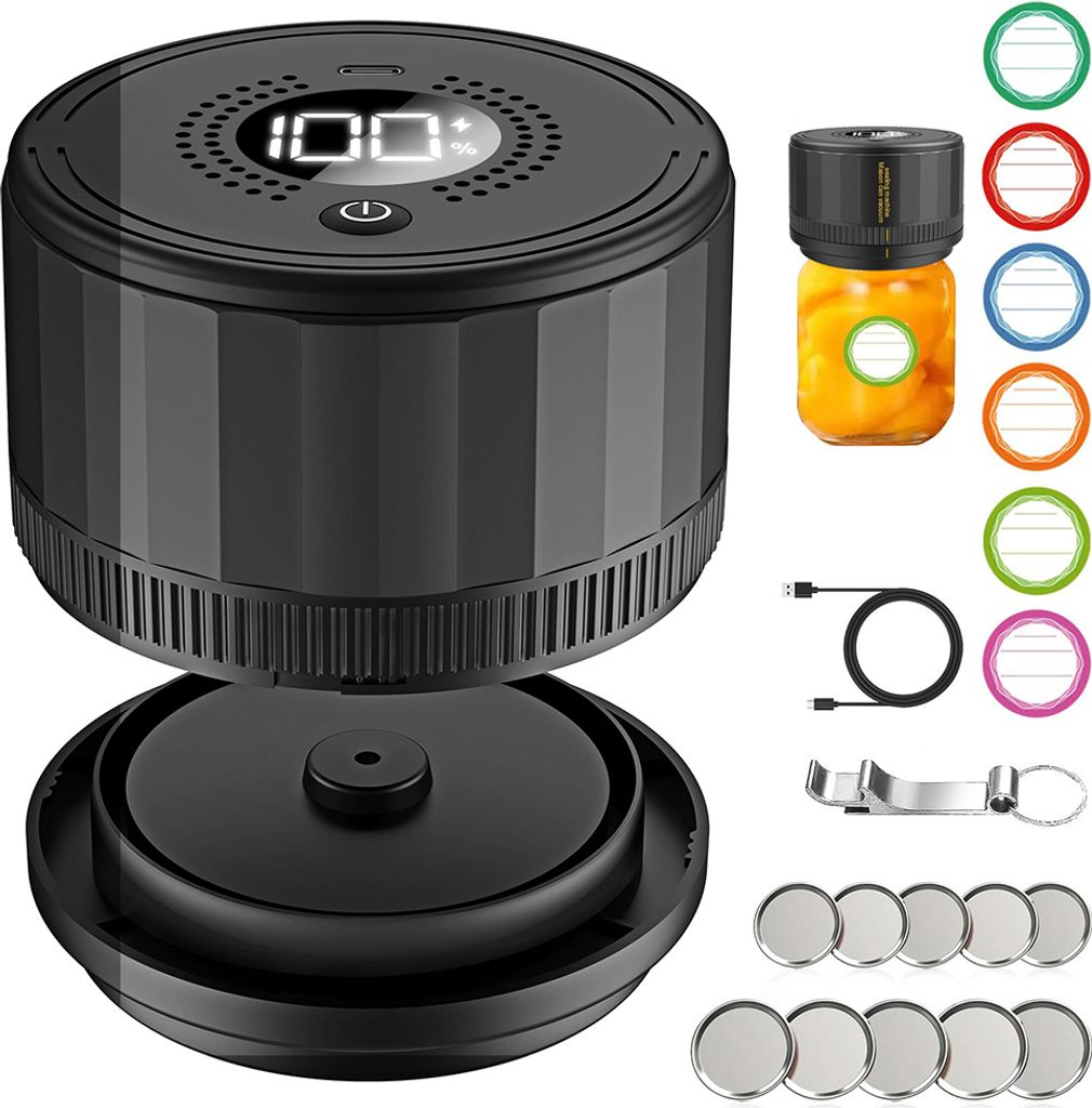 A black electric vacuum sealer for jars is shown with various accessories, including colorful labels, a USB cable, and a jar of preserved food.
