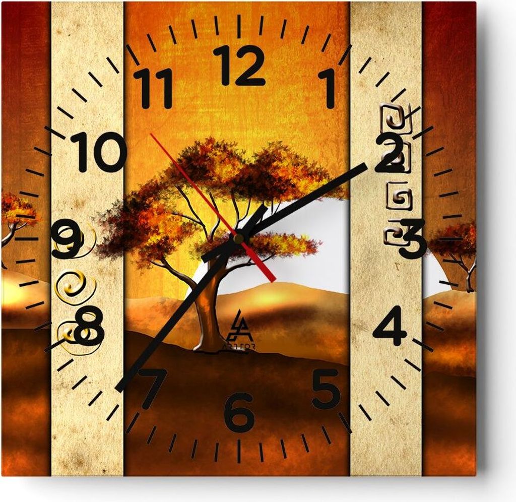 Wanduhr - Quadrat - Glasuhr - Modern baum savanne wüste - 30x30cm - Schleichendes Uhrwerk - Lautlos - zum Aufhängen bereit - Dekoration Modern - ...