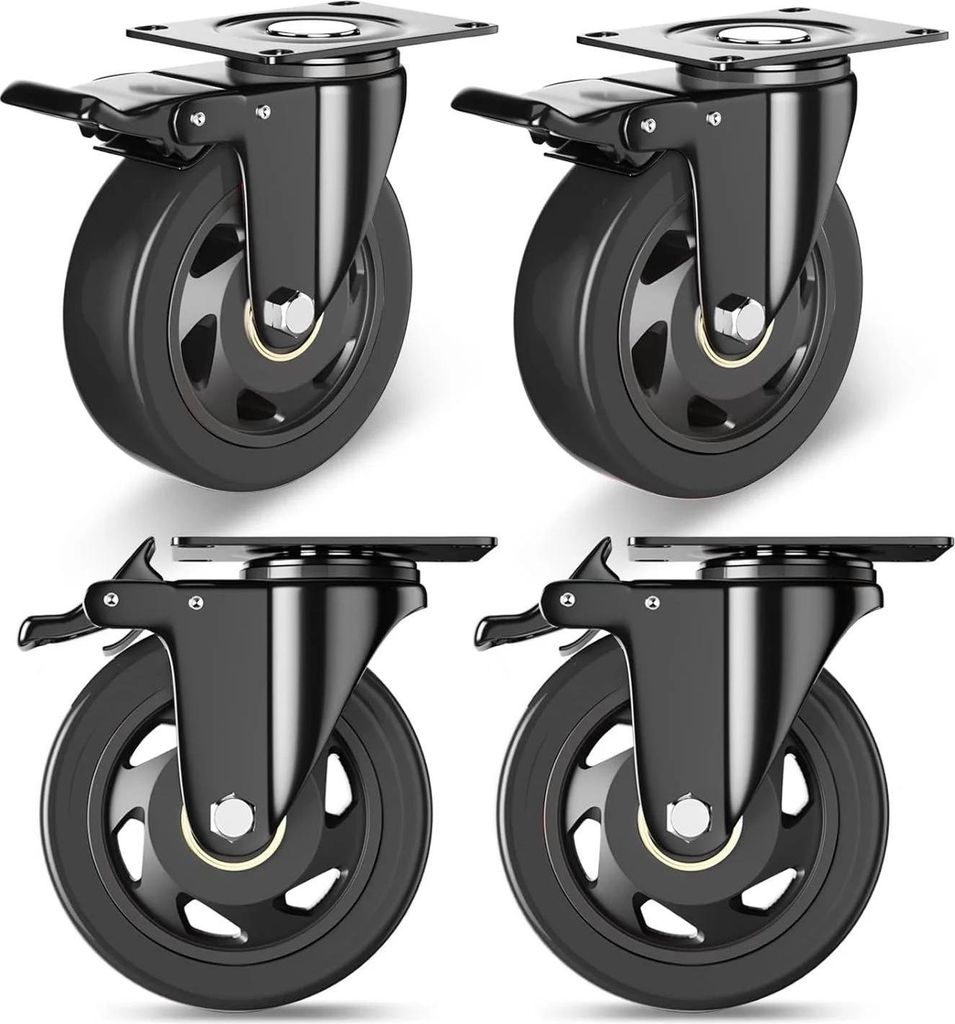 Set mit 4 Lenkrollen - Möbelrollen - 100 mm, mit Bremse, schwenkbar, Tragfähigkeit 600 kg, leise und nicht abfärbend, Gummi - Schwarz
