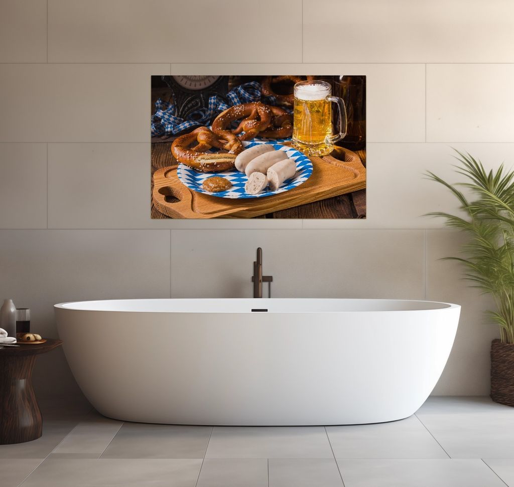 Wallario wasserfestes Poster selbstklebend 91,50 x 61 cm, Bayerische Brotzeit mit Weißwurst, Brezel und Bier, Badezimmerposter Spritzschutz mit Ho...