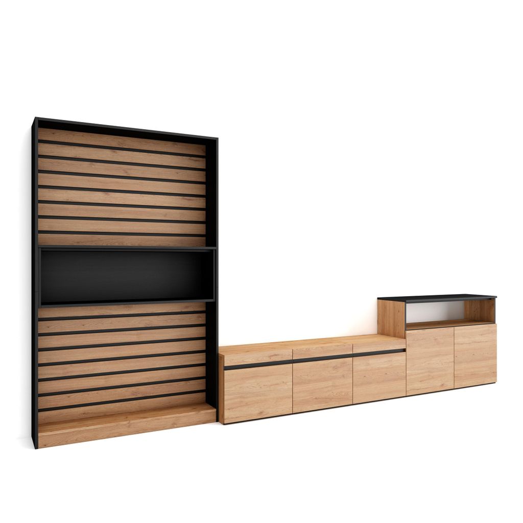 Wohnwand Wohnzimmer, 360x35x186cm, Für TV-Geräte bis zu 65", Wohnzimmer Möbel, Eiche und Schwarz