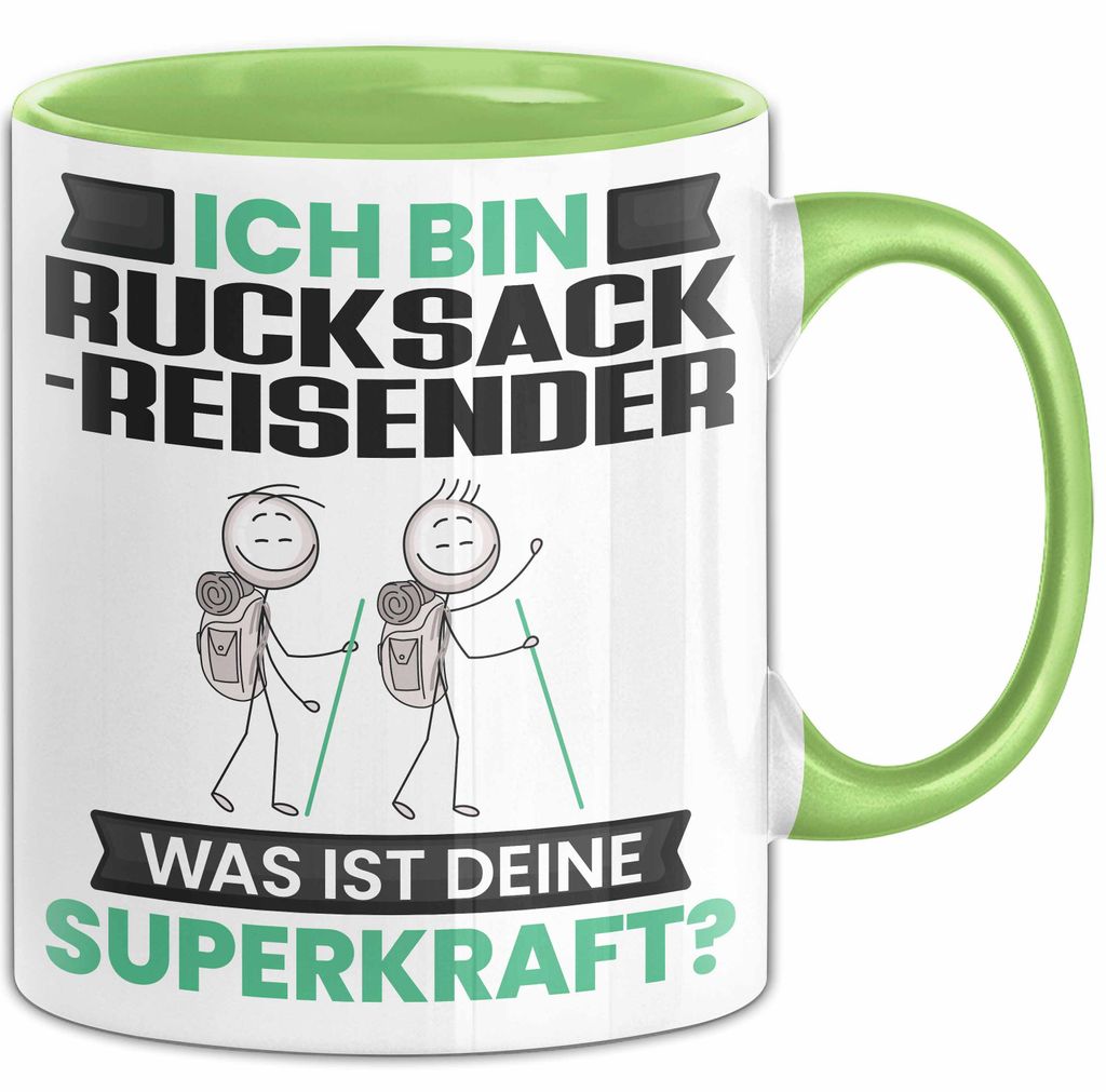 Rucksackreisender Tasse Geschenk für Rucksackreisender Geburtstag Lustiger Spruch Kaffee-Becher Was Ist Deine Superkraft (Grün)
