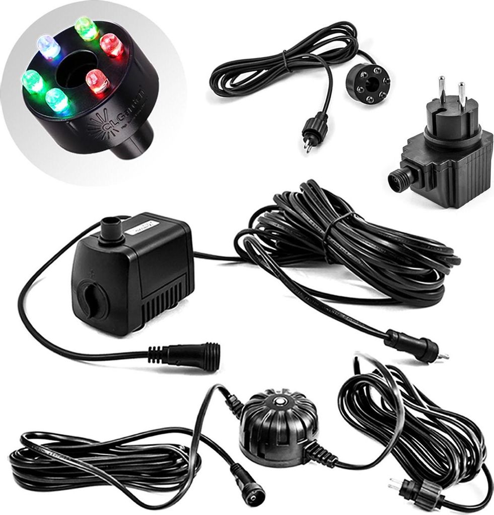 CLGarden Set Springbrunnenpumpe SP1-L mit Licht multicolor LED Dämmerungsschalter automatisch 12 Volt aussen Gartenbrunnen