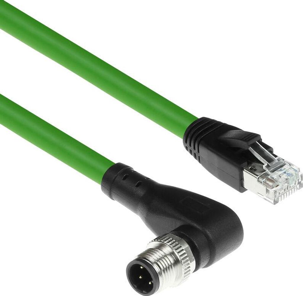 ACT Industrial 5,00 Meter Sensorkabel M12D 4-poliger Stecker rechtwinklig zu RJ45 Stecker, Superflex Xtreme TPE Kabel, geschirmt
