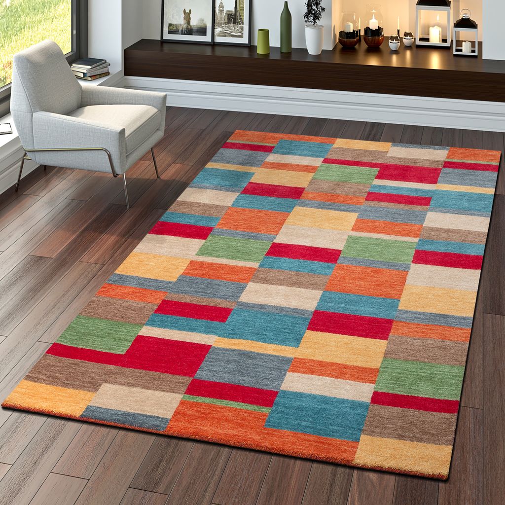 TT Home Teppich Indischer Gabbeh Handgefertigt Modern 100% Wolle Karo In Multifarben Größe 200x300 cm