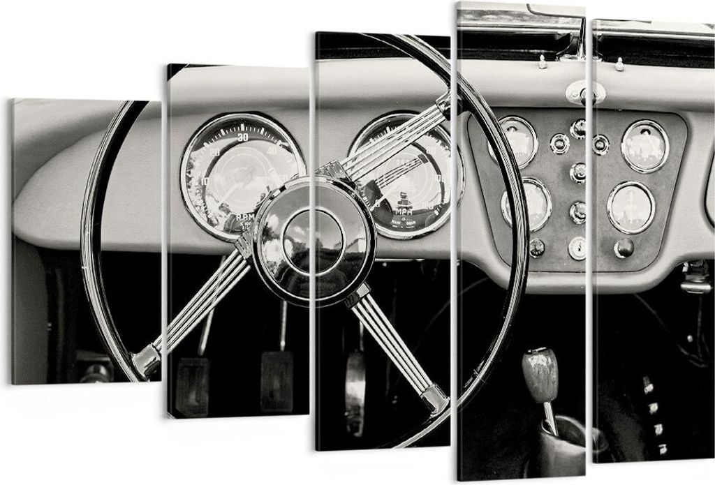 Bild auf Leinwand - Leinwandbild - 5 Teile - Lenkrad Auto Vintage - 150x100cm - Wand Bild - Wanddeko - Wandbilder - Leinwanddruck - Bilder - Wandde...