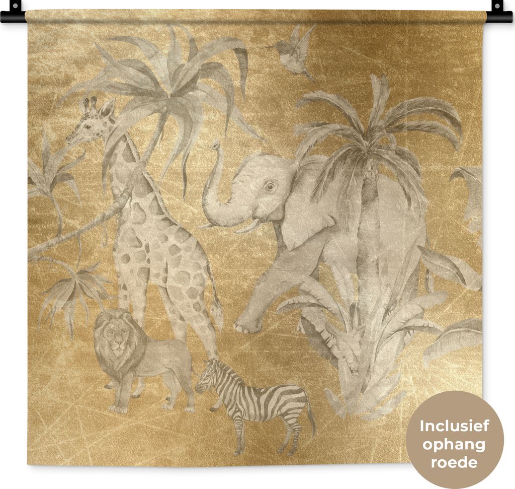 MuchoWow Wandteppich Wandbehang Dschungel - Kinder - Gold - Tiere 60x60 cm Tapisserie Dekoration Wandtuch - Dekorationen - Wand Decke