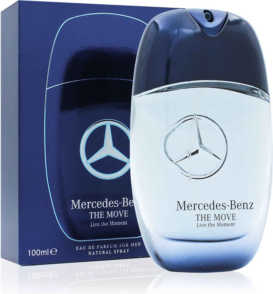 A product shot of a Mercedes-Benz perfume bottle and its box, presented on a white background.